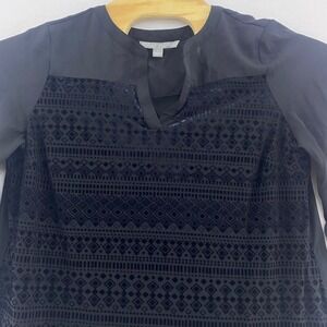 Valerie Stevens L Burnout Velvet‎ Blouse Top 3/4 Roll Sleeve Black Geo Texture